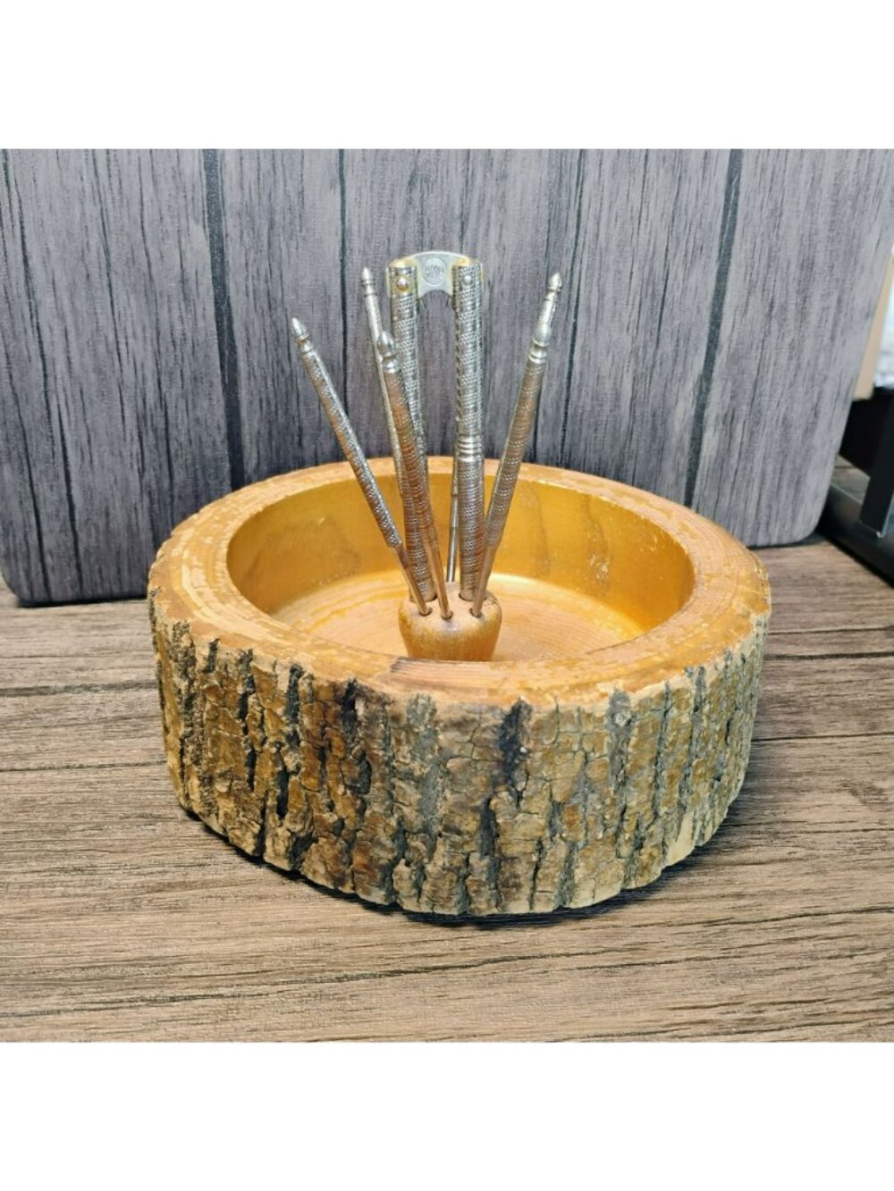 Vintage 1950s Tree Bark Nut Bowl w Silver Nutcracker & 6 Picks, Rustic Wooden - Picture 10 of 11